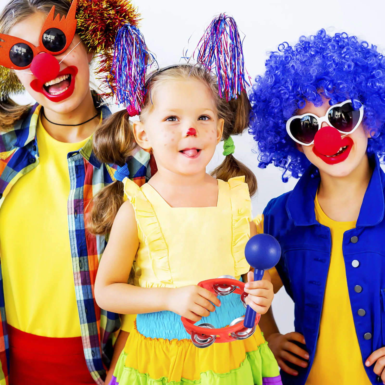 7 pezzi Set di strumenti a percussione per bambini Materiale sicuro Giocattolo musicale Campane a mano di colore brillante Tamburello in plastica per bambini
