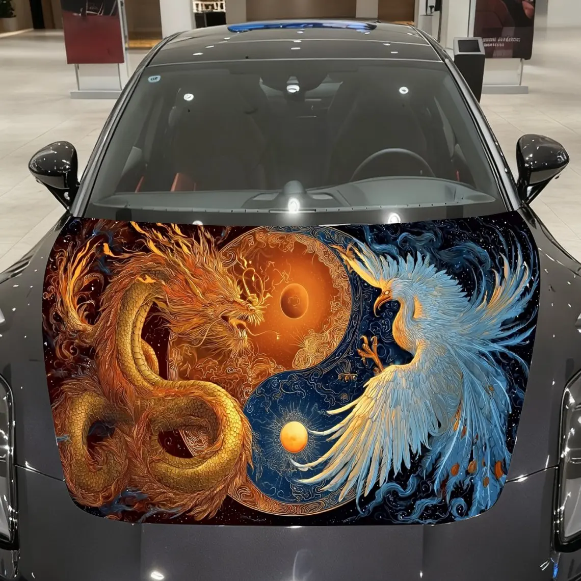 

Fiery Dragon and Colorful Phoenix Car Vinyl Wrap, PVC Material Waterproof Car Hood Sticker, Self-Adhesive Scratch-Resistant Stic