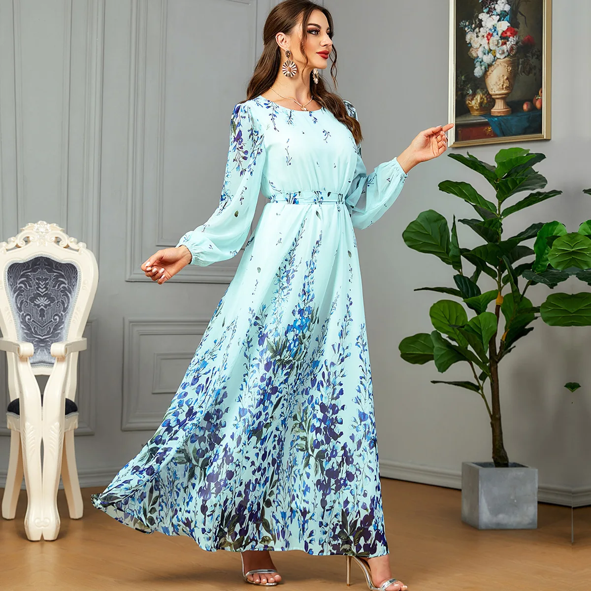 3595 Chiffon Fashion Digital Printed Muslim Women's Robe Arab Dress Belt