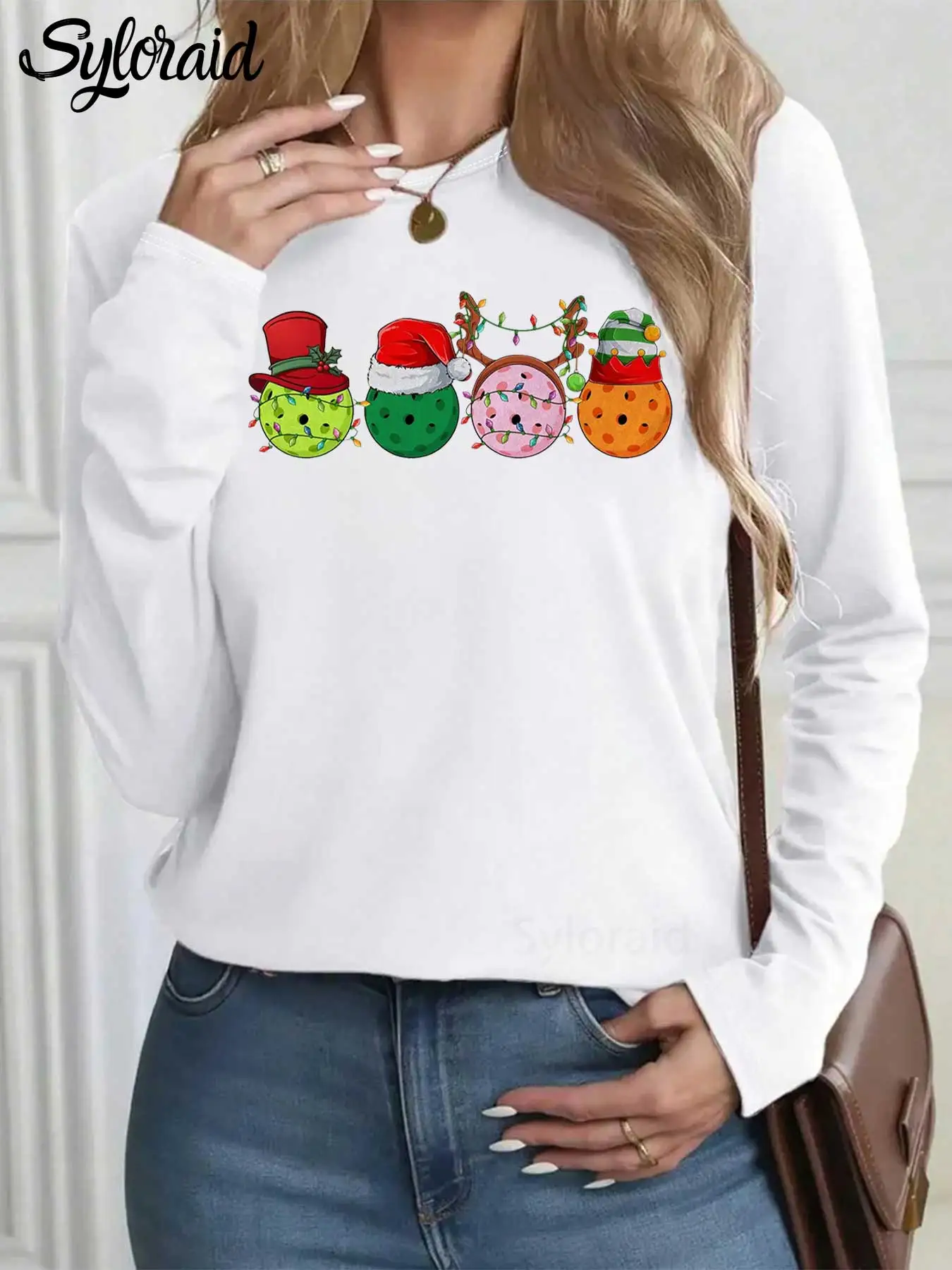 تي شيرت نسائي بأكمام طويلة تي شيرت Pickleball Christmas Graphic تي شيرت عصري برقبة دائرية كاجوال #1
