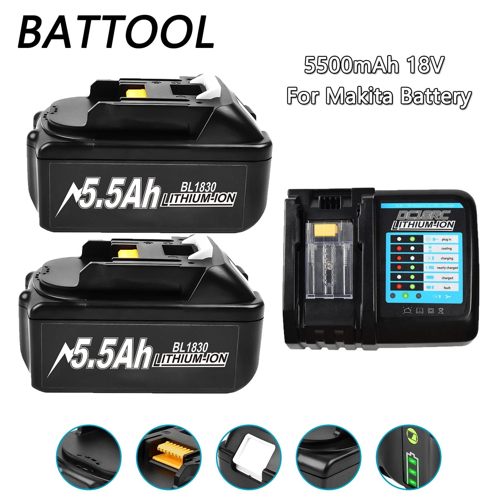 

Battool 5500mAh Lithium-ion Battery For MAKITA 18V Battery BL1860 BL1850B BL1850 BL1840 BL1830 Replacement Lithium Battery