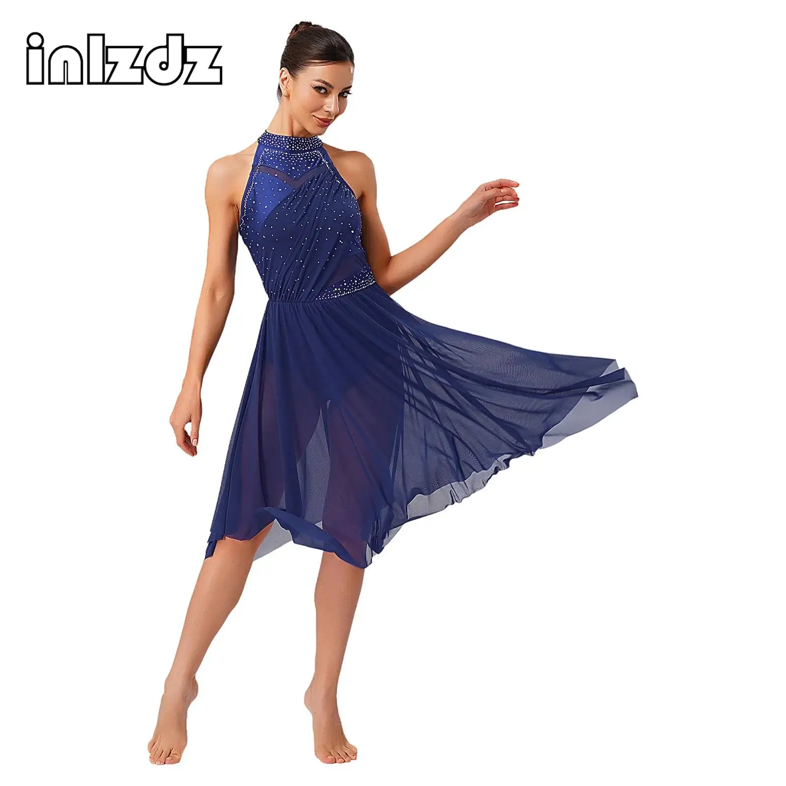 

Womens Lyrical Dance Classes Performance Competition Costumes Halter Glittery Rhinestone Ruffled Skirt Hem Built-In Briefs Dress