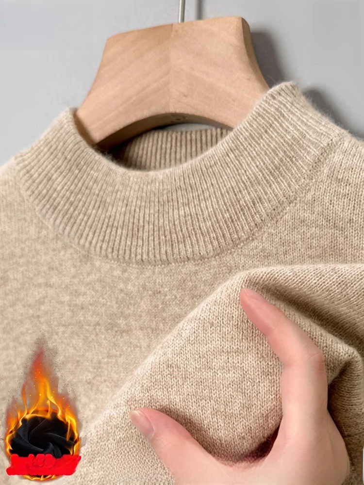 

Мужской зимний вязаный свитер с высоким воротником из утолщенного флиса, теплый, цельный, вельветовый трикотаж, базовая модель для папы, повседневный стиль