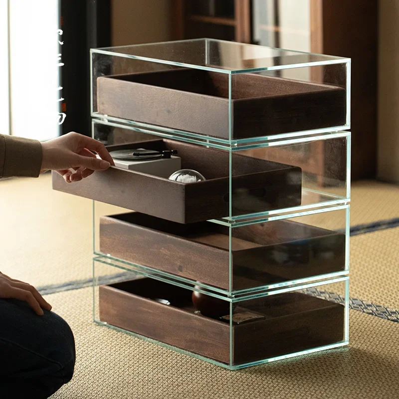 creative Wenwan jewelry display cabinet，solid wood dental cabinet, black walnut tempered glass tea set storage box