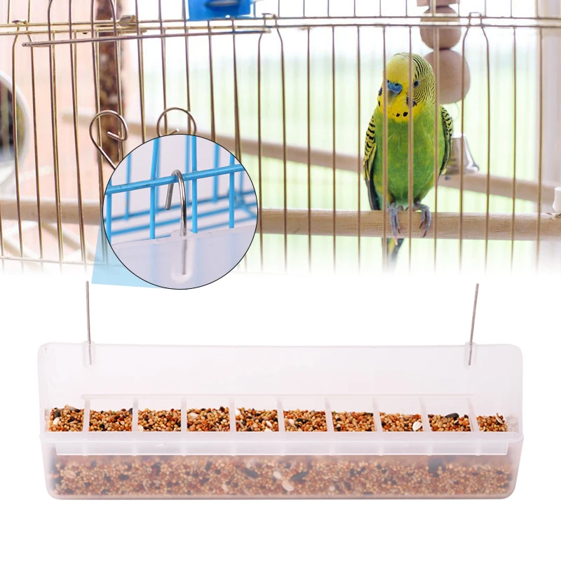 25cm Long Bird Food Box Hanging Bird Feeders for Cage Aviary Durable Transparent Boxes with Anti-splash Grids for Pigeons Parrot