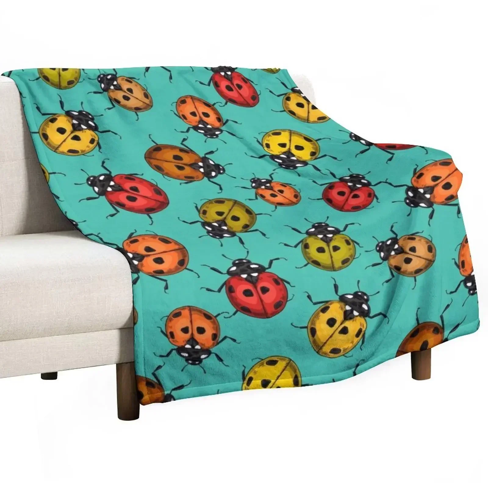 Colorful ladybugs on turquoise Throw Blanket For Decorative Sofa Hairys Soft Big Blankets