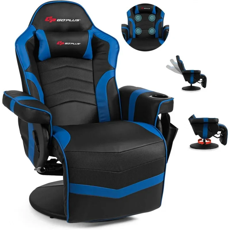 Gaming Recliner Massage with Footrest Ergonomic Leather Single Sofa with Cup Holder Headrest and Side Pouch,Adjustable-Navy Blue