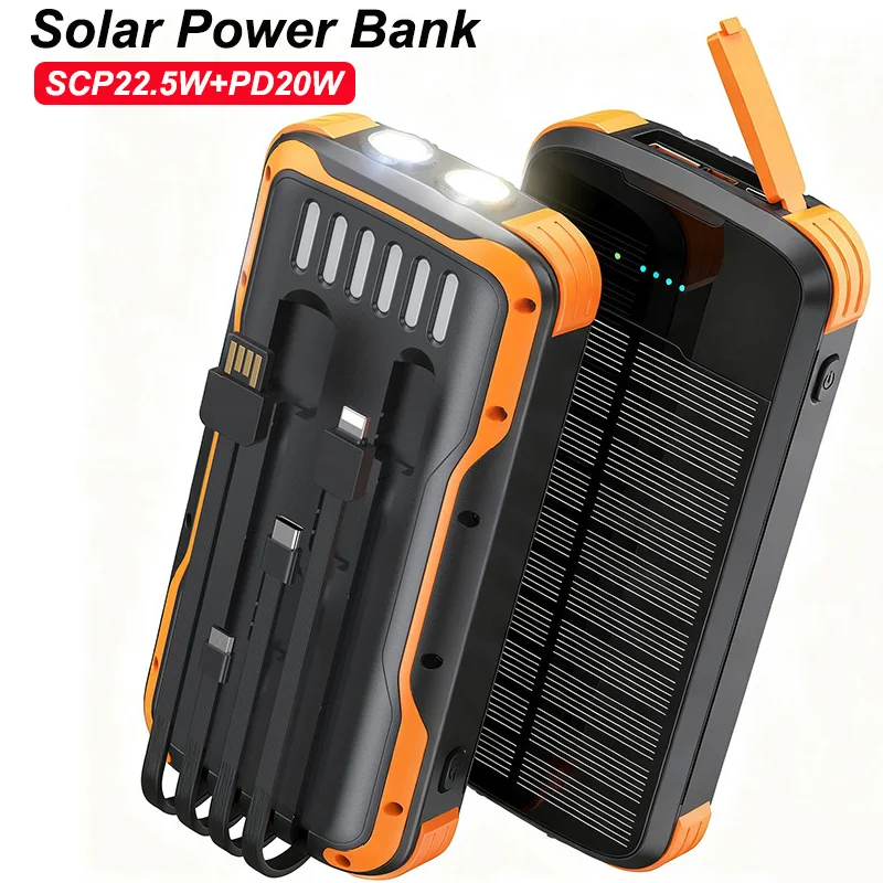 

Solar Power Bank 20000mAh Built in Cable 22.5W Fast Charger Powerbank for iPhone 16 Samsung Huawei Xiaomi External Spare Battery