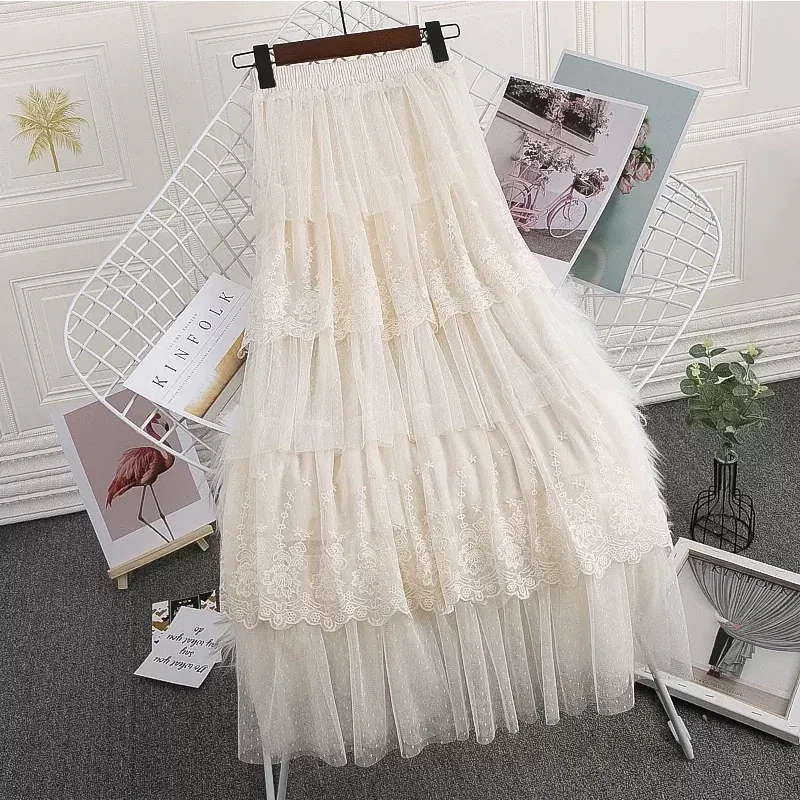 

Women Maxi Tiered Lace Tulle Skirt 2024 Spring Summer Elegant Polka Dot A Line High Waist Long Mesh Skirt Female L556