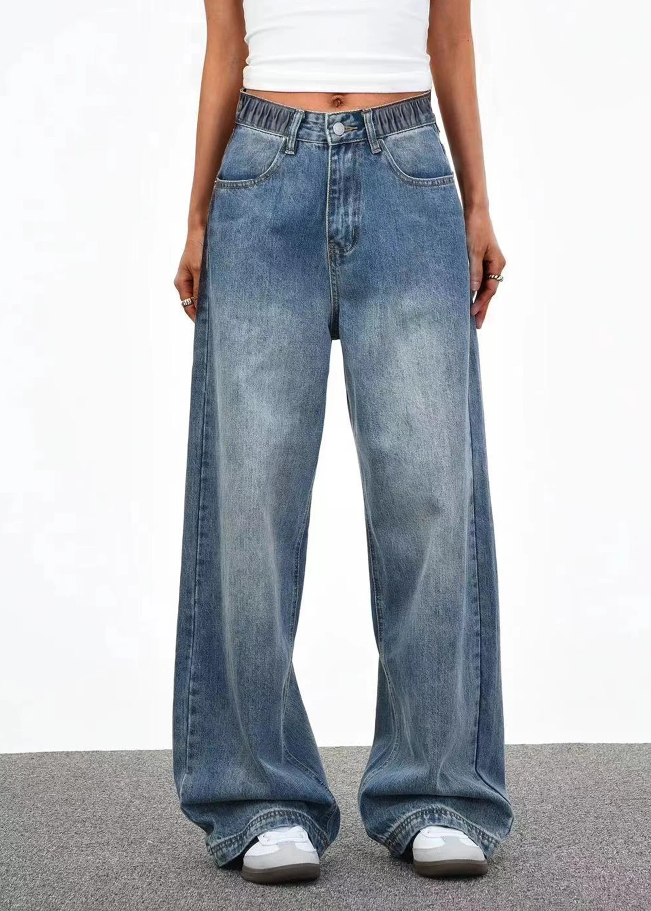 

Washed Blue Long Wide Leg Jeans for Teens And Tweens Loose Fit Casual Straight Cut Trousers Simple Basic Adolescent Denim