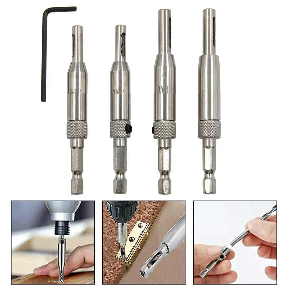 Auto Centrando dobradiça broca, carpintaria, porta, janela, abridor de furos, posicionamento de perfuração, alargador, escareado, 4pcs