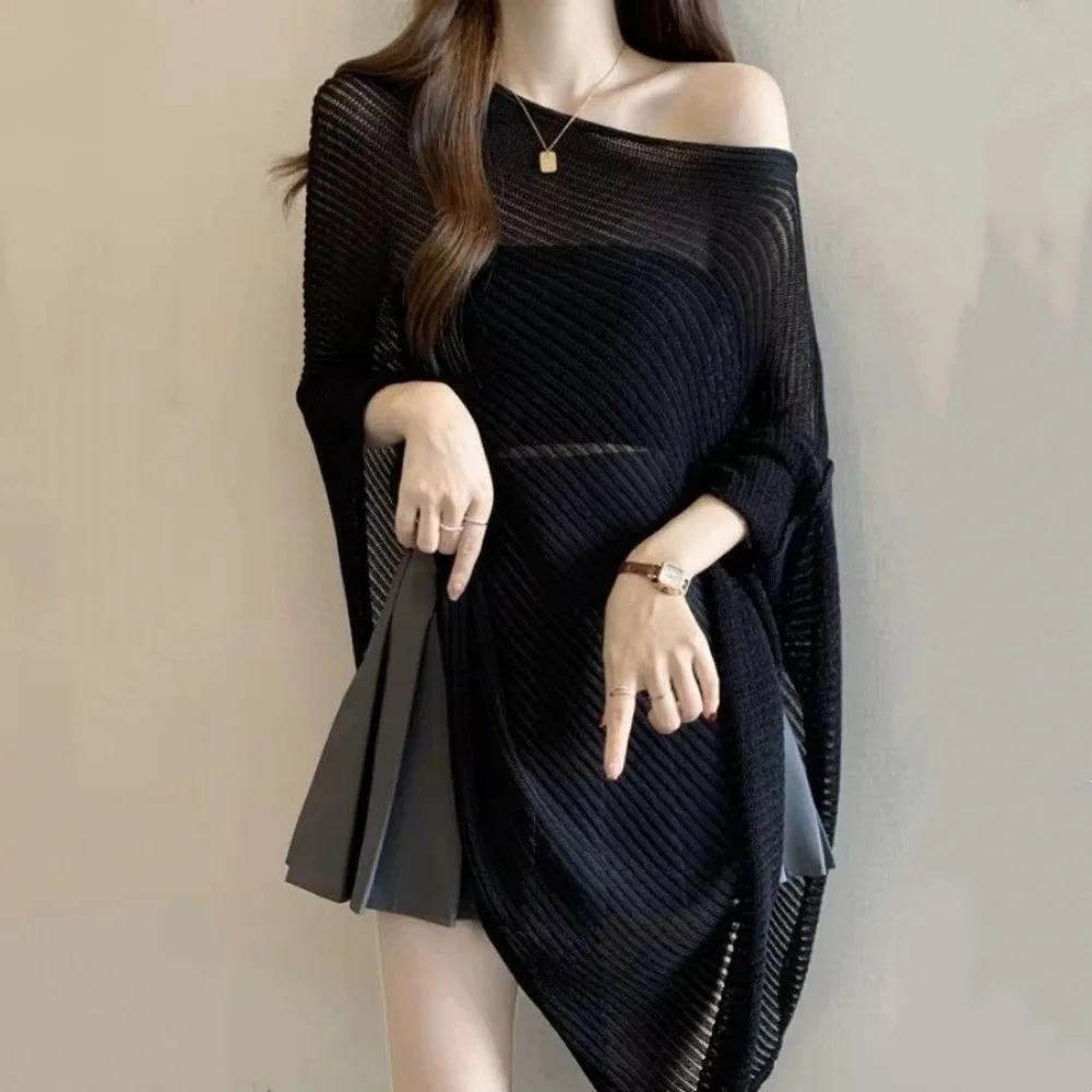 Casual Stripe Patchwork Crochet Hollow Top Transparent Loose Sunscreen Cover Up Irregular Thin Bohemian Shawl Summer