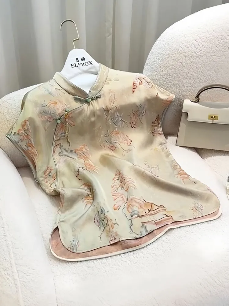 

Elegant and refined short-sleeved women's new Chinese-style button-up plus-size top