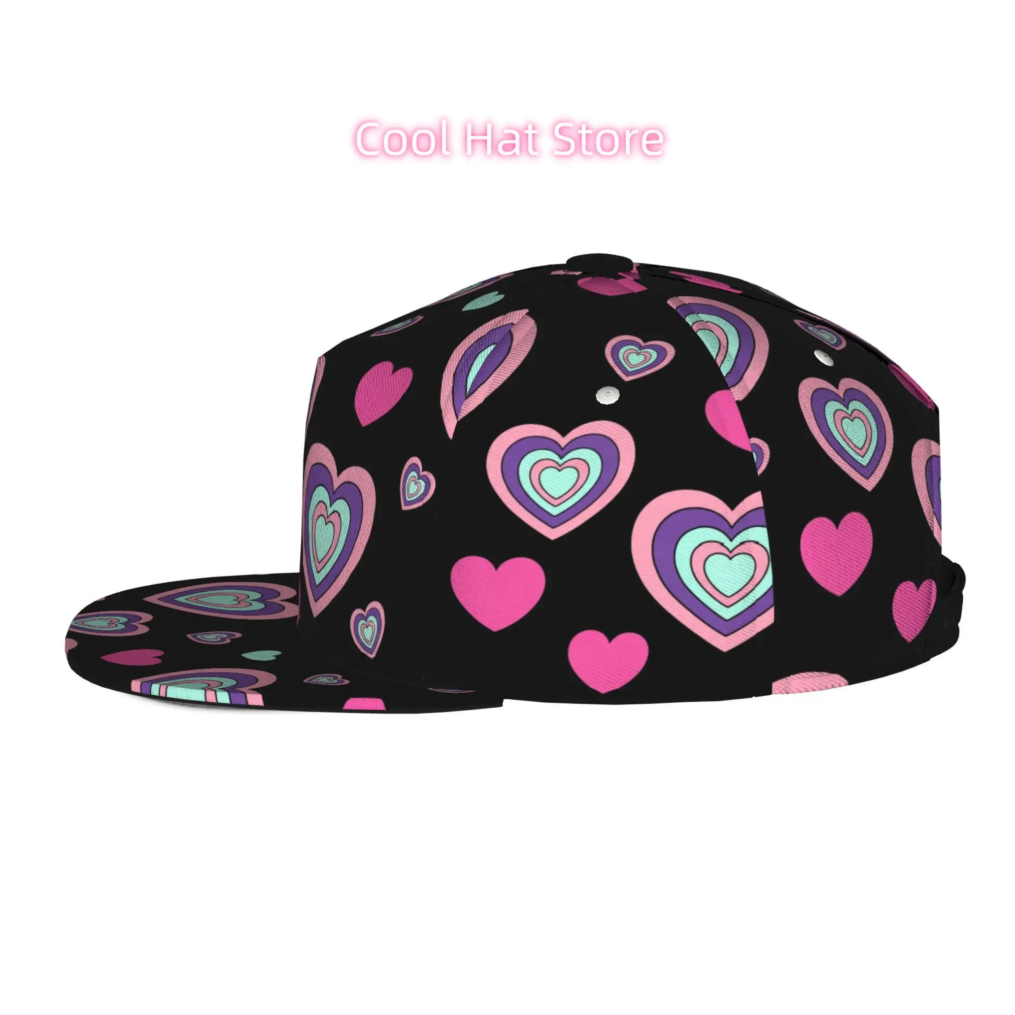 Baseball Caps for Both Men And Women Featuring Vibrant Layered Heart Designs, with an Adjustable Snap Brim And a Flat Top - Perf