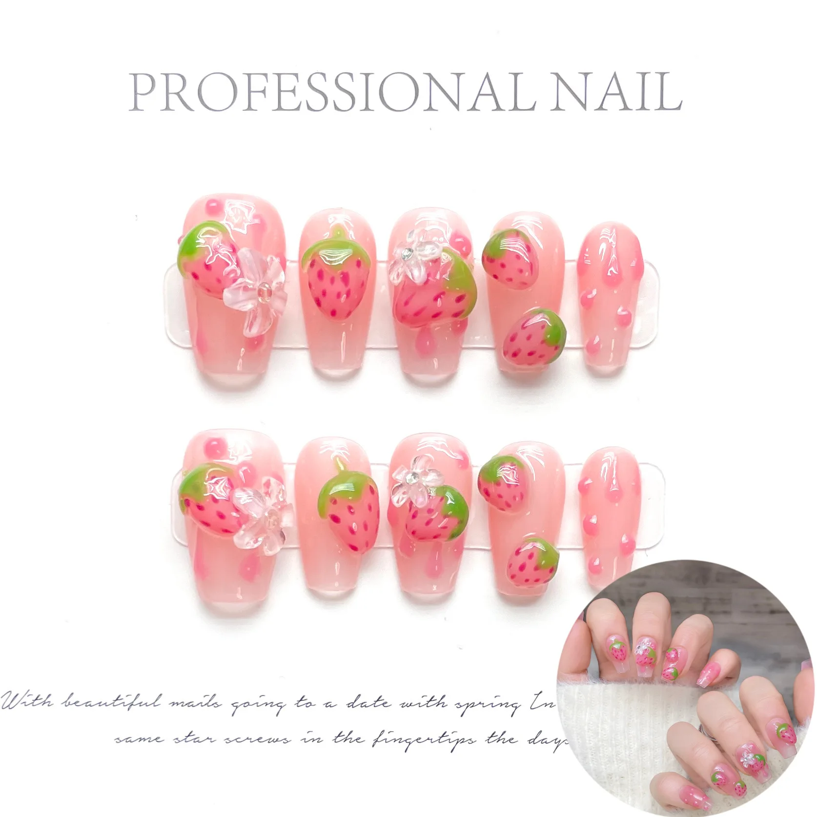 Pink Strawberry Press on Nails Handmade Flower Fake Nails Gradient Color Medium Length Square False Nails for Women Girls