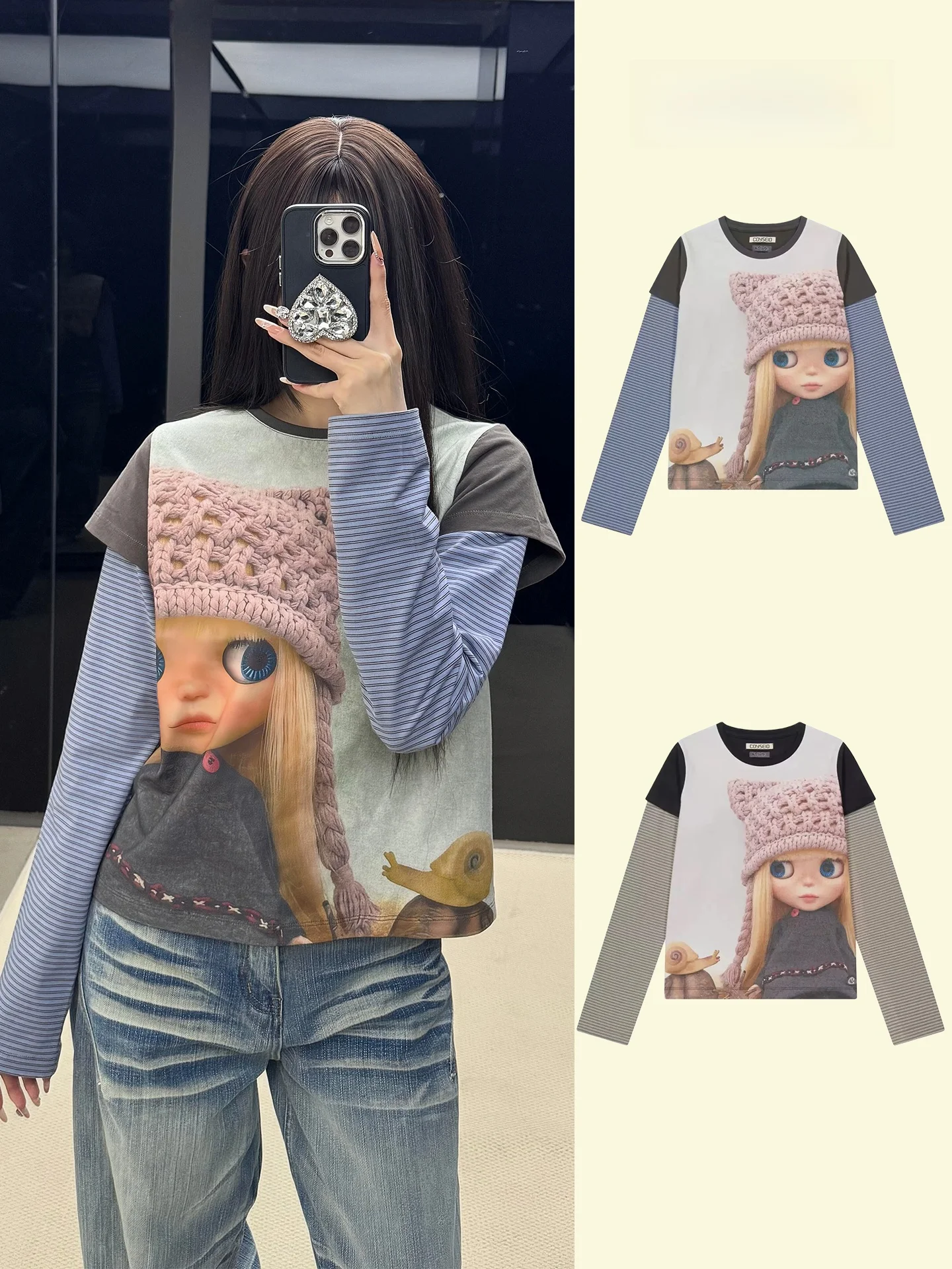 

Coyseio Long Sve T-irt Women's Doll Digital Print Striped Fake Two-Piece Top Cotton Spring Summer Casual round Ne