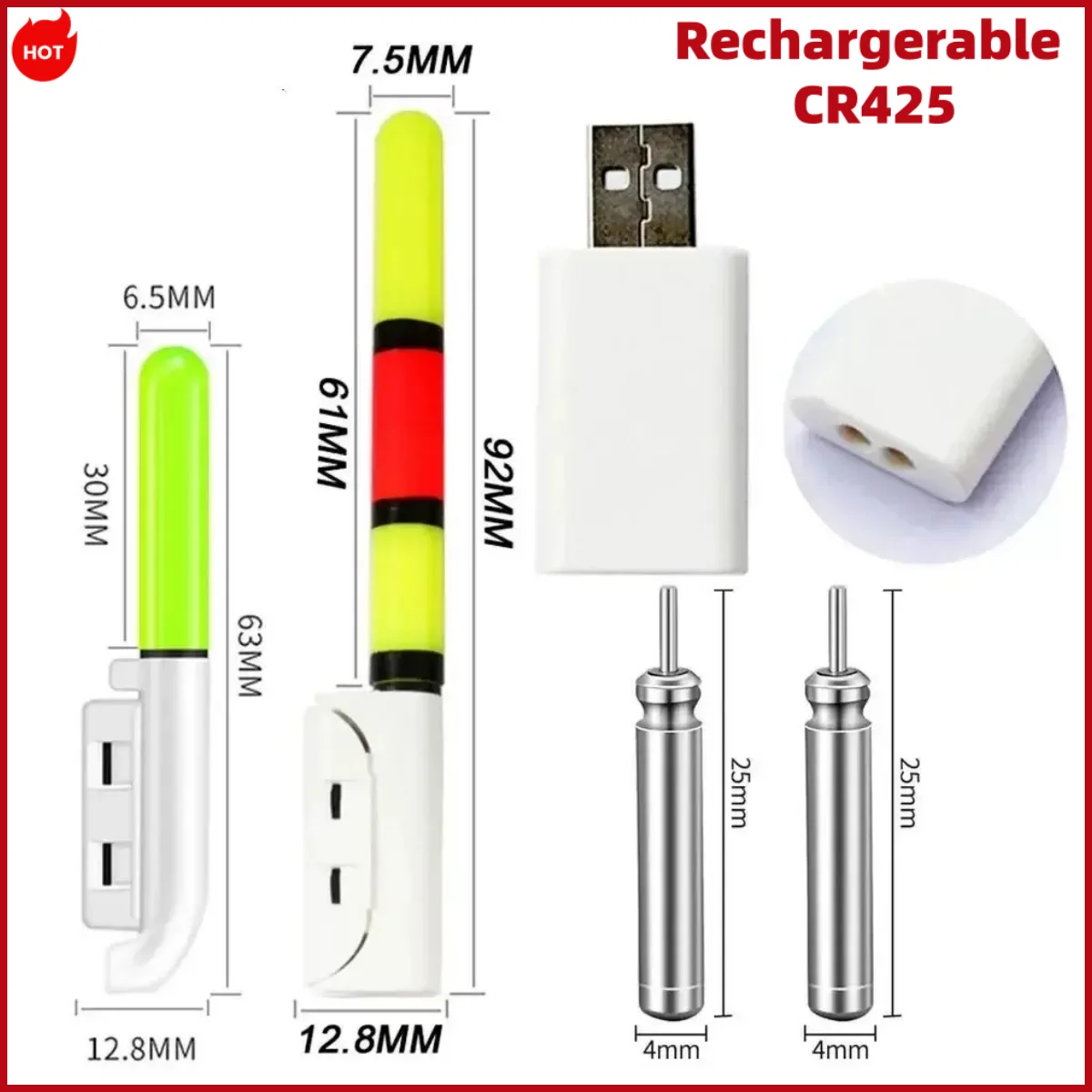 LIR425 Fishing Buoy Glow Rechargeable CR425 Battery with 1/2 Hole USB Charger for Glow Stick Fishing Buoy Fishing Gear