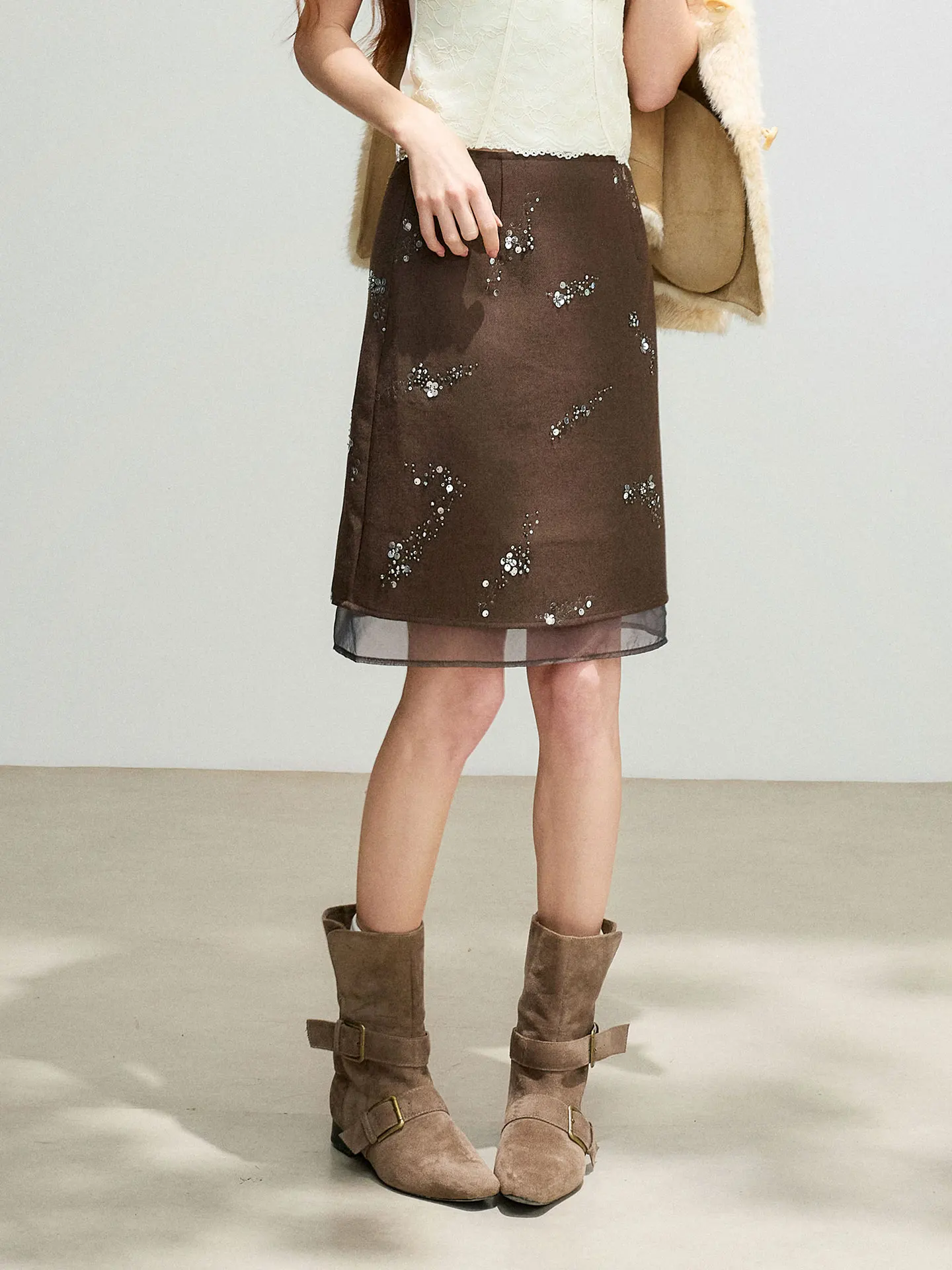 KuNMaVi Heavy Embellished A-Line  Skirt Women's Autumn Winter New Style Thousand Gold Wind Bead Knee-Length Skirts