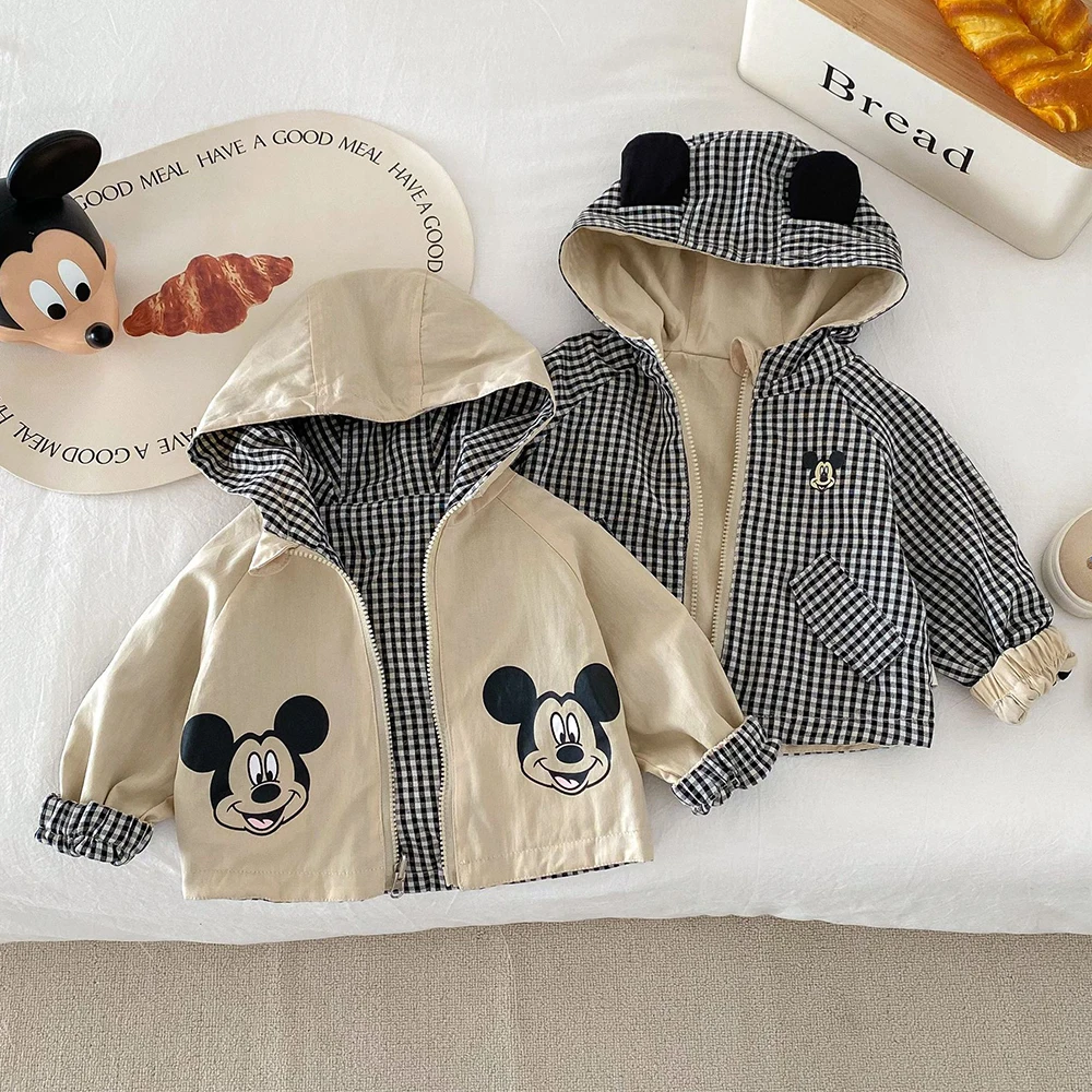 Mickey Mouse Printed Jacket for Kids Disney Cartoon Spring Double Sided Wear Hooded Outwear Khaki Autumn 0-5Y Toddler Blazer