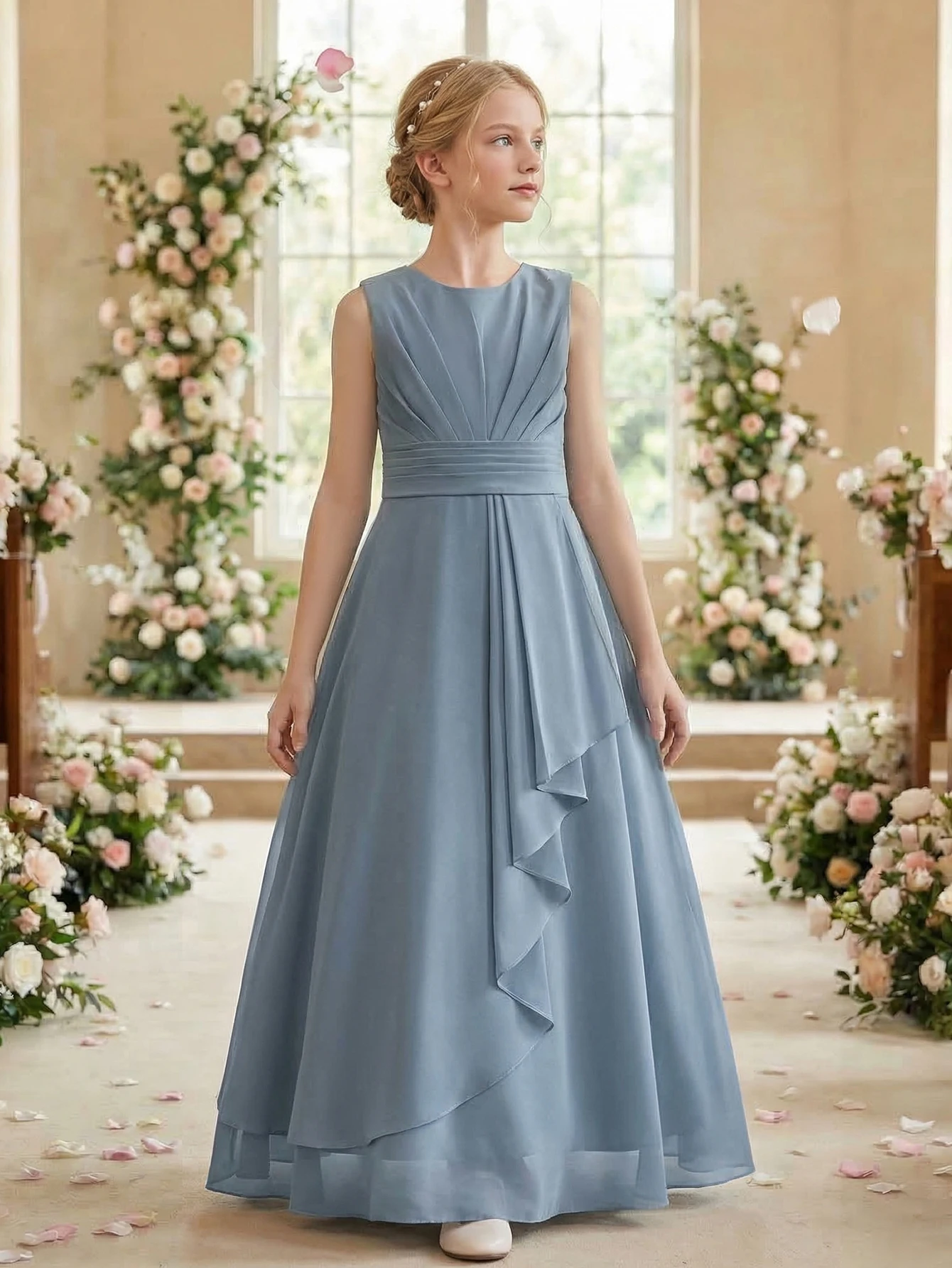 Teen Girl Long Party Dress Elegant Grey Blue Silk Fabric Sleeveless V-Neck Backless Ruffled Flowy Dress,Vacation,Party,Wedding image 3