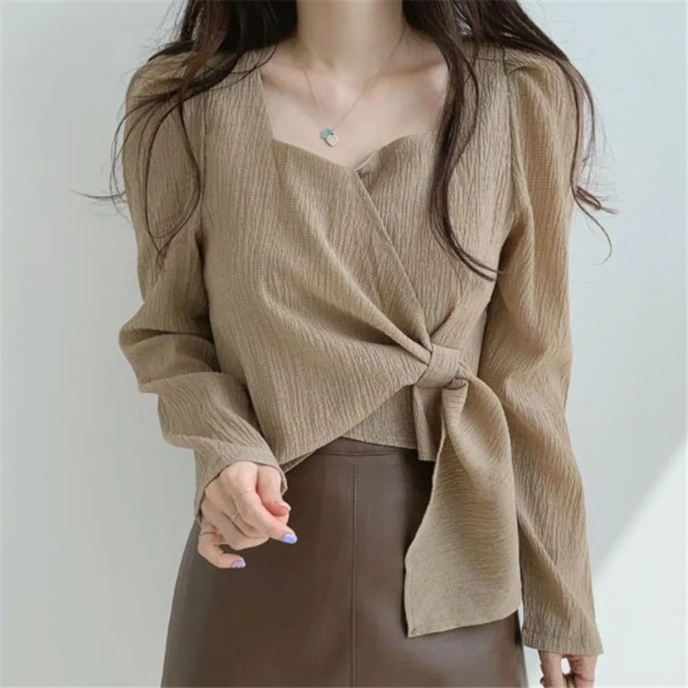 

Elegant Lace Up Shirt Women's Spring Autumn Long Puff Sleeves Square Collar Pullover Solid Korean Style Fashion Office Thin Top