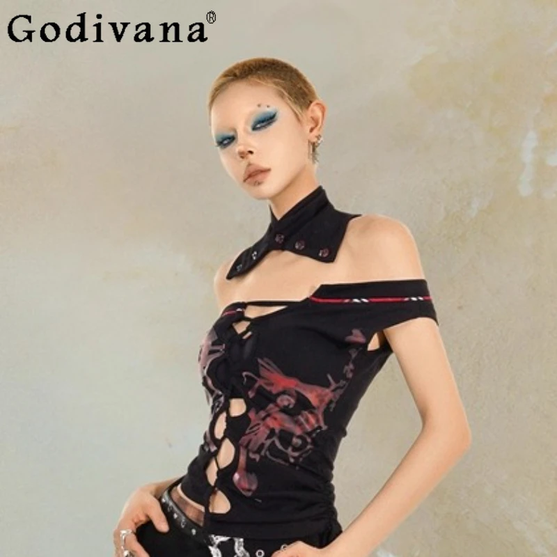 

Punk Subculture Sexy Slash Neck Women Slim Short T-shirt Spring and Summer Versatile Fashion Age-reducing Street Chic Hollow Top