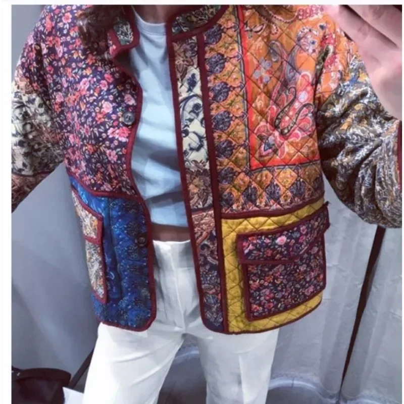 Floral Print Women Vintage Padded Coats Stand Collar Quilted Jacket Button Cotton Clothing Winter New Loose Coat Women Clothes