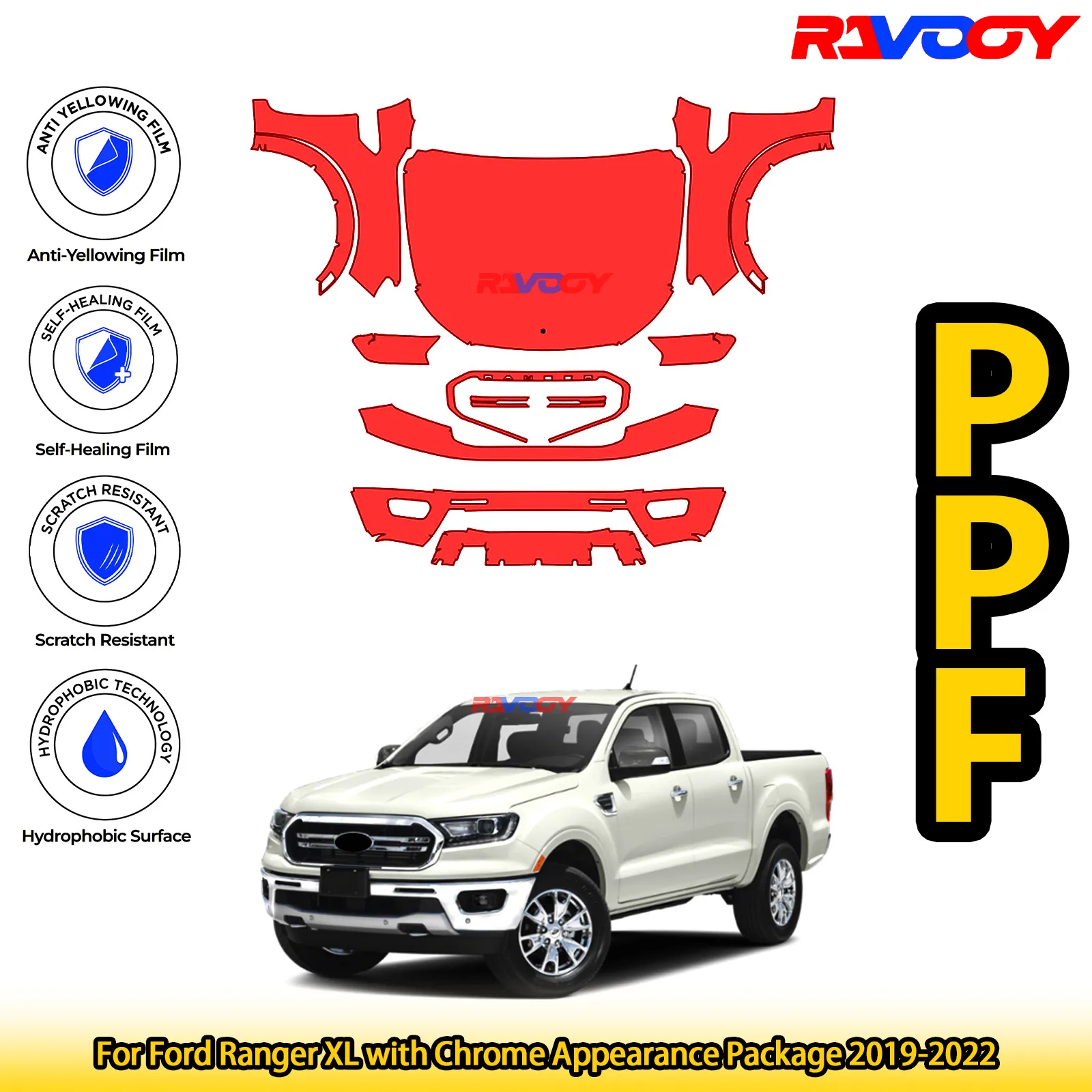

For Ford Ranger XL with Chrome Appearance Package 2019-2022 Glossy Matte Black Precut front PPF Kit Paint Protection Film