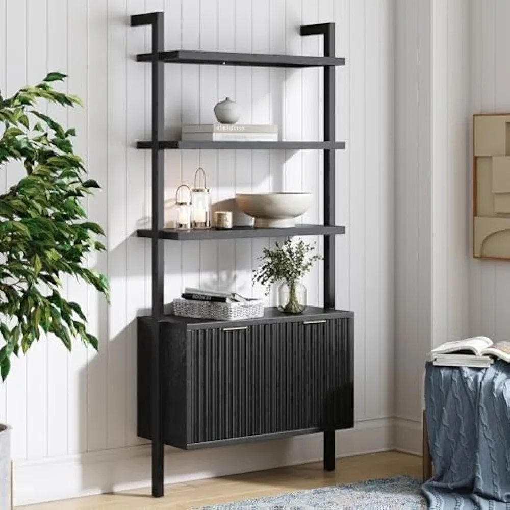 Jasper 3-Shelf Solid Wood Boho Bookshelf, Wall Mounted Bookshelf with Cabinet with Fluted Doors, Black Oak