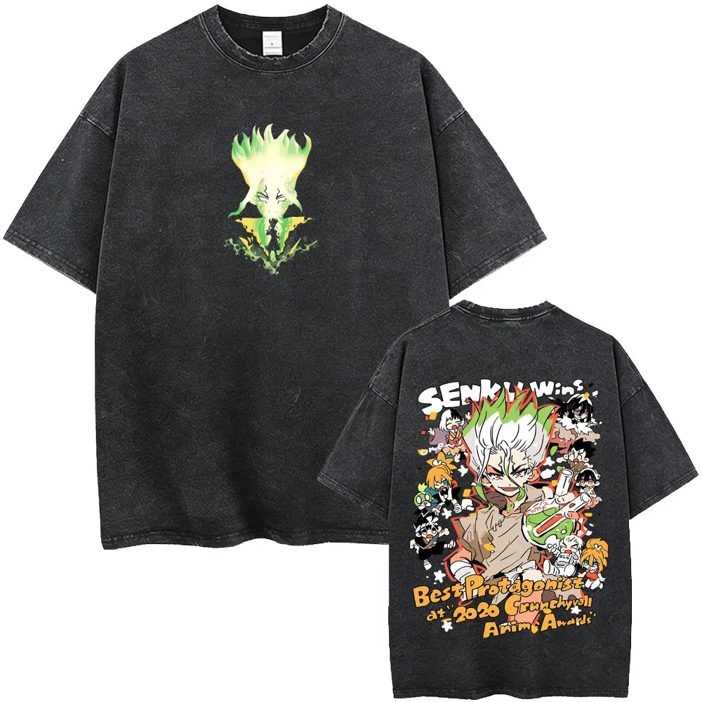 Anime Dr. Stone Vintage Washed T-Shirt Niedliches Gen Asagiri Senku Ishigami Grafik-T-Shirt für Männer und Frauen Mode Lässige Manga-T-Shirts – Detail 5