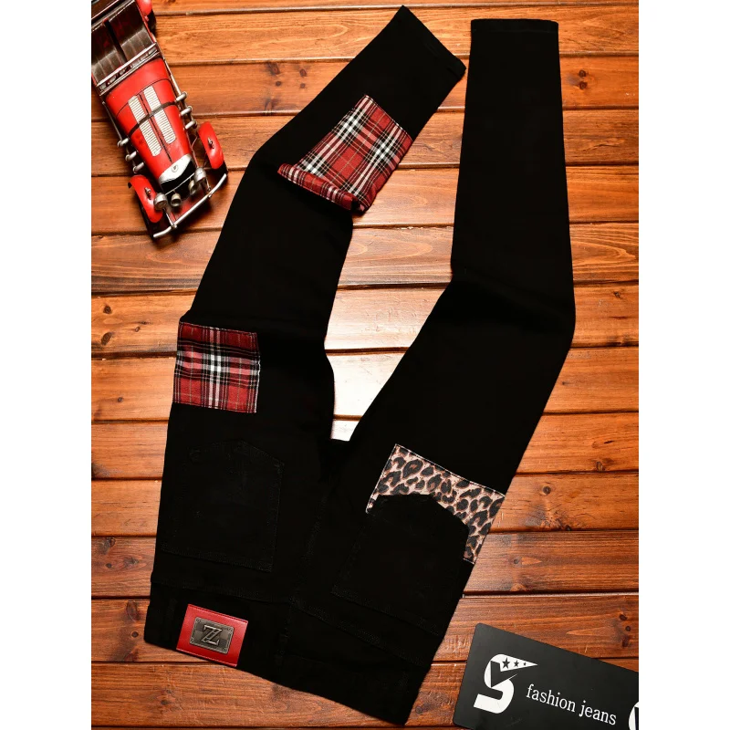Black Jeans Men's Slim Fit Ankle-Tied Trendy Fashion Stitching Patchwork Design Autumn Stretch Denim Trousers