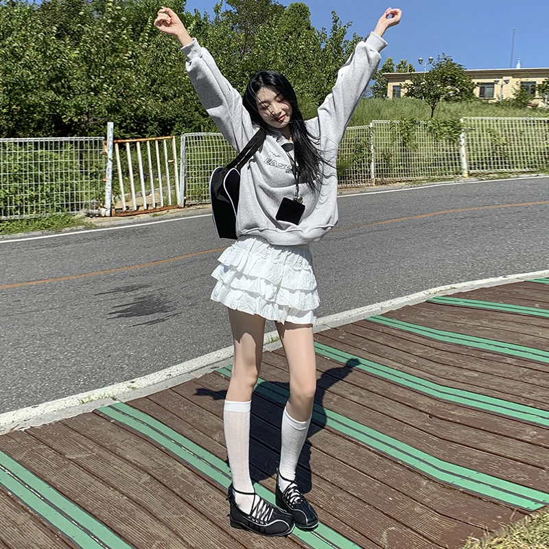 

Set of College-Style Loose Sweatshirts, Korean Retro Couple TopsAA-line mini skirt