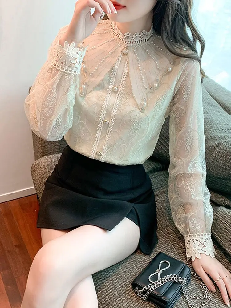 French Elegant Lace Shirt2023 New Fall Women Clothing Luxury Chic Beads Embroidery Cute Doll Collar Long Sleeve Blusas Top Lady