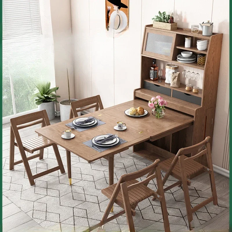 

Solid wood small apartment telescopic folding dining table, chairs, side cabinets, integrated dining table