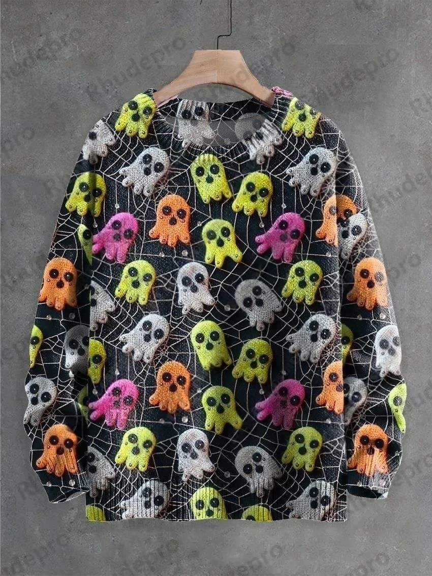 3D Printing Halloween Custom Series Horror Ghost Skull Witch Black Cat Pattern Ugly Sweater Street Casual Winter Sweatshirt W-10