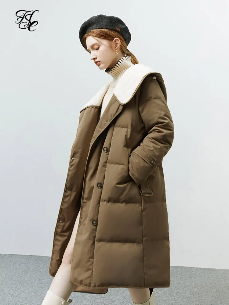 FSLE 117-137G Filling Capacity Hooded Imitation Lamb Wool Down Jacket Women Mid-length Straight Double-breasted Down Coat Female