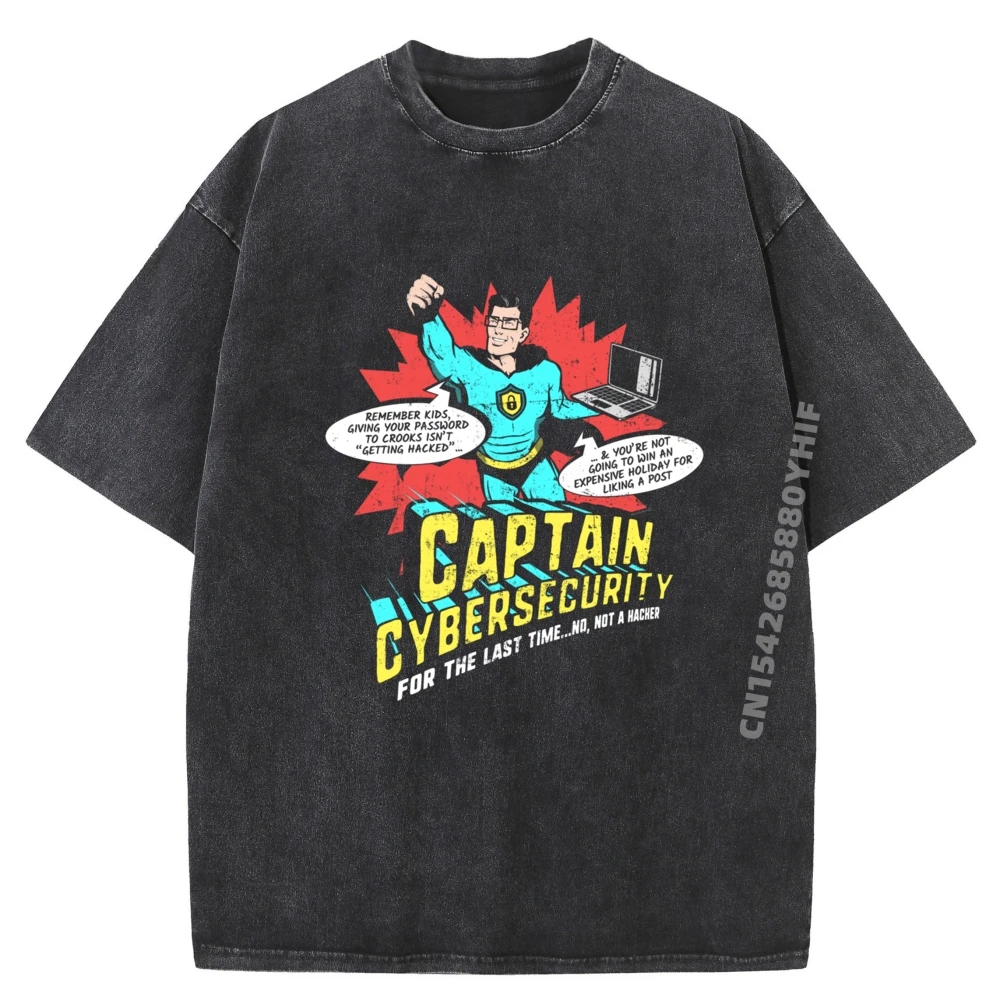 

Classic Men's Men T-shirt Captain Cybersecurity Funny Superhero Cotton Fabric Oversized Retro Washed T-shirts Short Sleeve