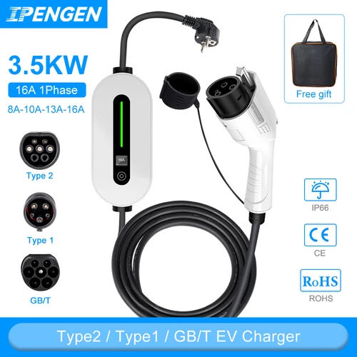 IPENGEN-cargador EV portátil para coche eléctrico, Cable de carga tipo 1, J1772 SAE, caja de pared con controlador de enchufe europeo, tipo 2, IEC62196-2, 16A, EVSE
