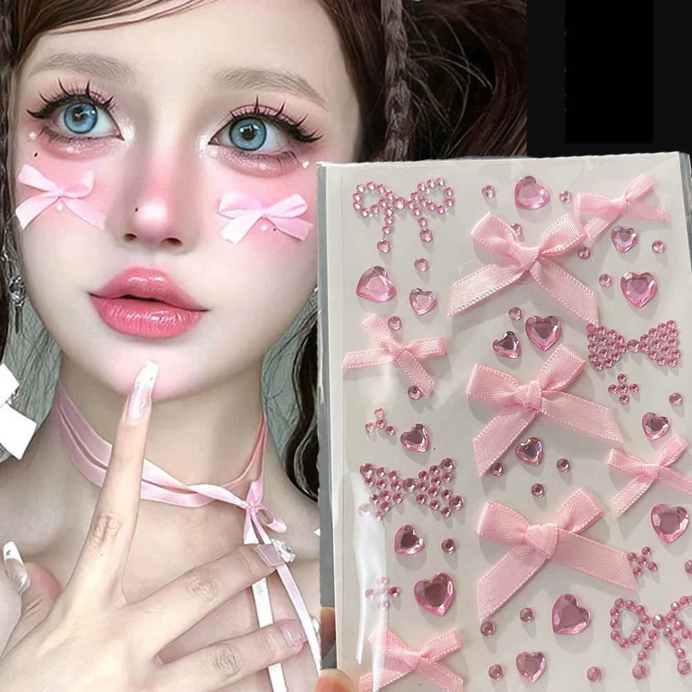 

1pc Pink Red Rhinestone Ribbon Bow Face Stickers 3D Bowknot Love Diamond Gems Sticker Glitter for Music Festival Makeup Holiday