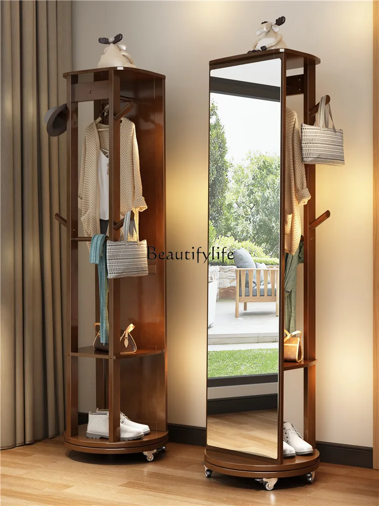 Solid Wood Floor Mirror Rotating Household Hangers Integrated Coat Rack with Mirror