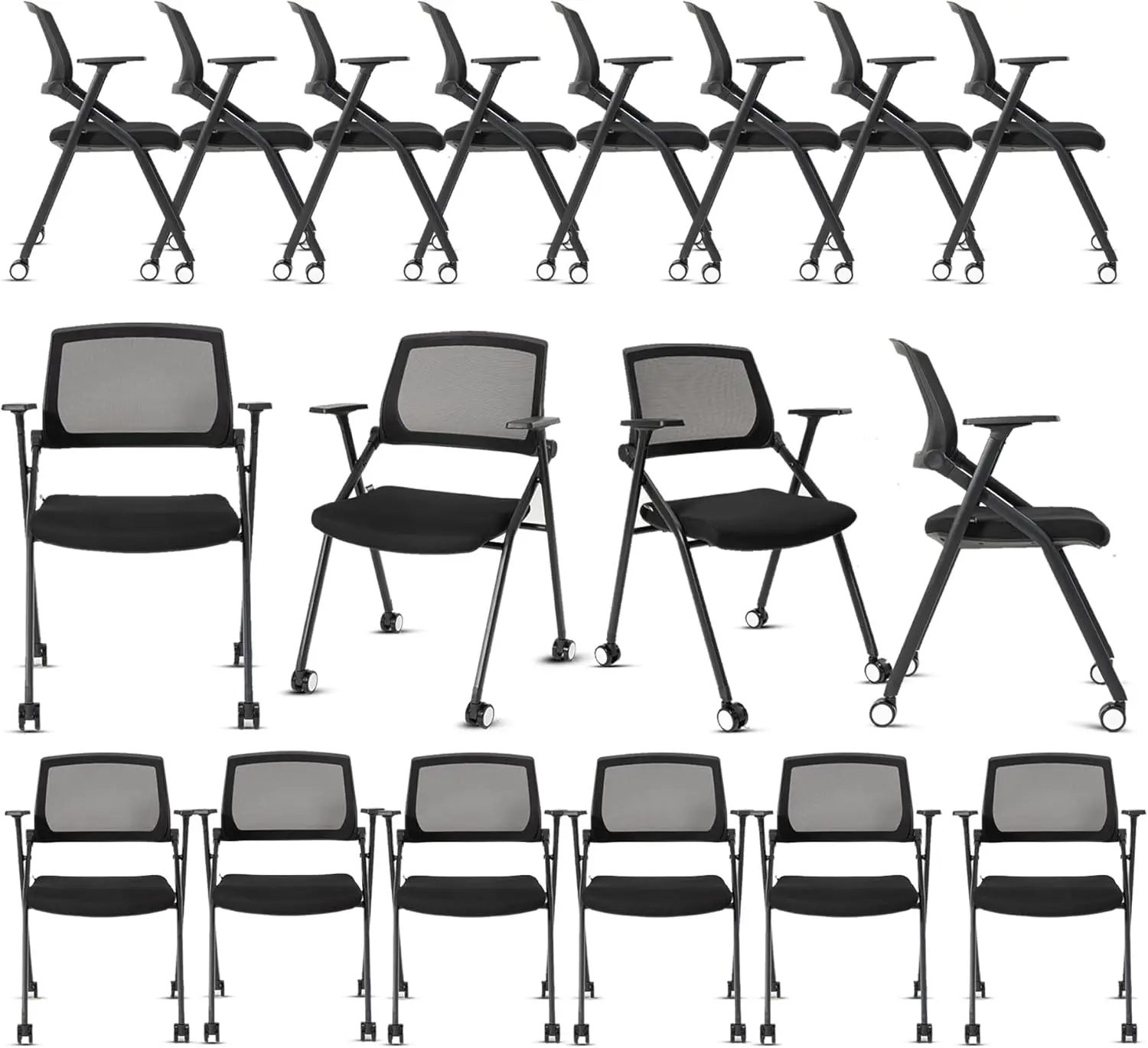 

Conference Room Chairs with Wheels and Sliding Armrest,Foldable Nesting Chair for Office School Church Waiting Room Black