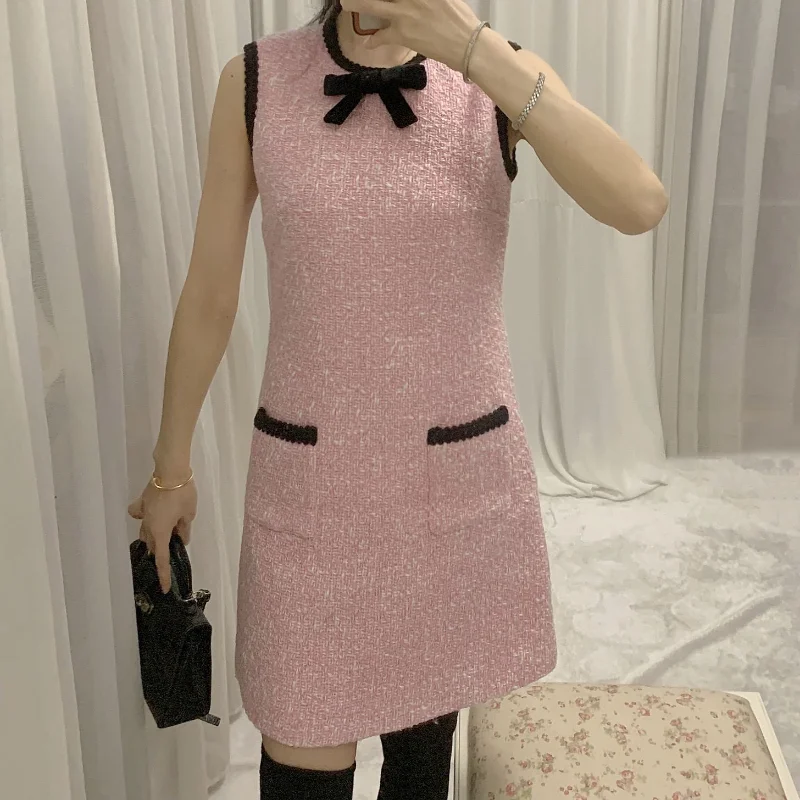 Elegant Sleeveless Round Collar Tweed Dress Pink Velvet Bow Led Korea Chic French Sweet Summer Women Mini Vest Dress Mujer 1256