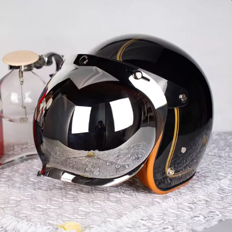 

Cool Matte Black Gold Line 3/4 Open Face Motorcycle Helmet with Silver Bubble Visor Stealth Look Minimalist Design for Commuting