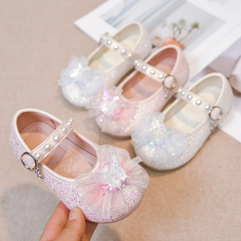 

Little Girls Glitter Leather Shoes with Ribbon Bow 2026 New Spring Toddler Mary Jane Flats Soft Sole Elegant School Dance Shoes