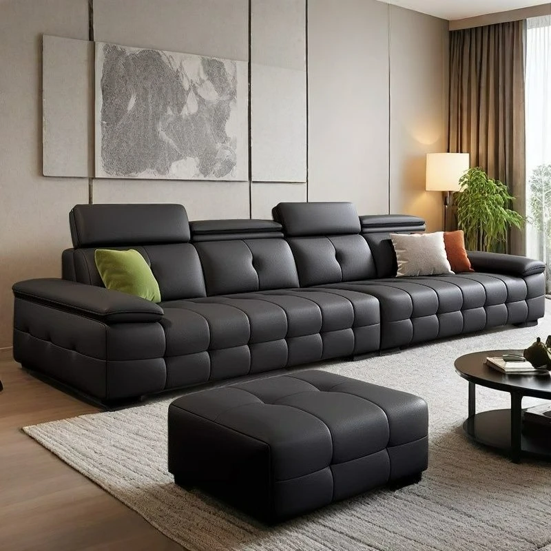 Italian Minimalist Black Leather Sofa, Square Module Adjustable Headrest, Large Sitting Depth Family Living Room Multi-person So