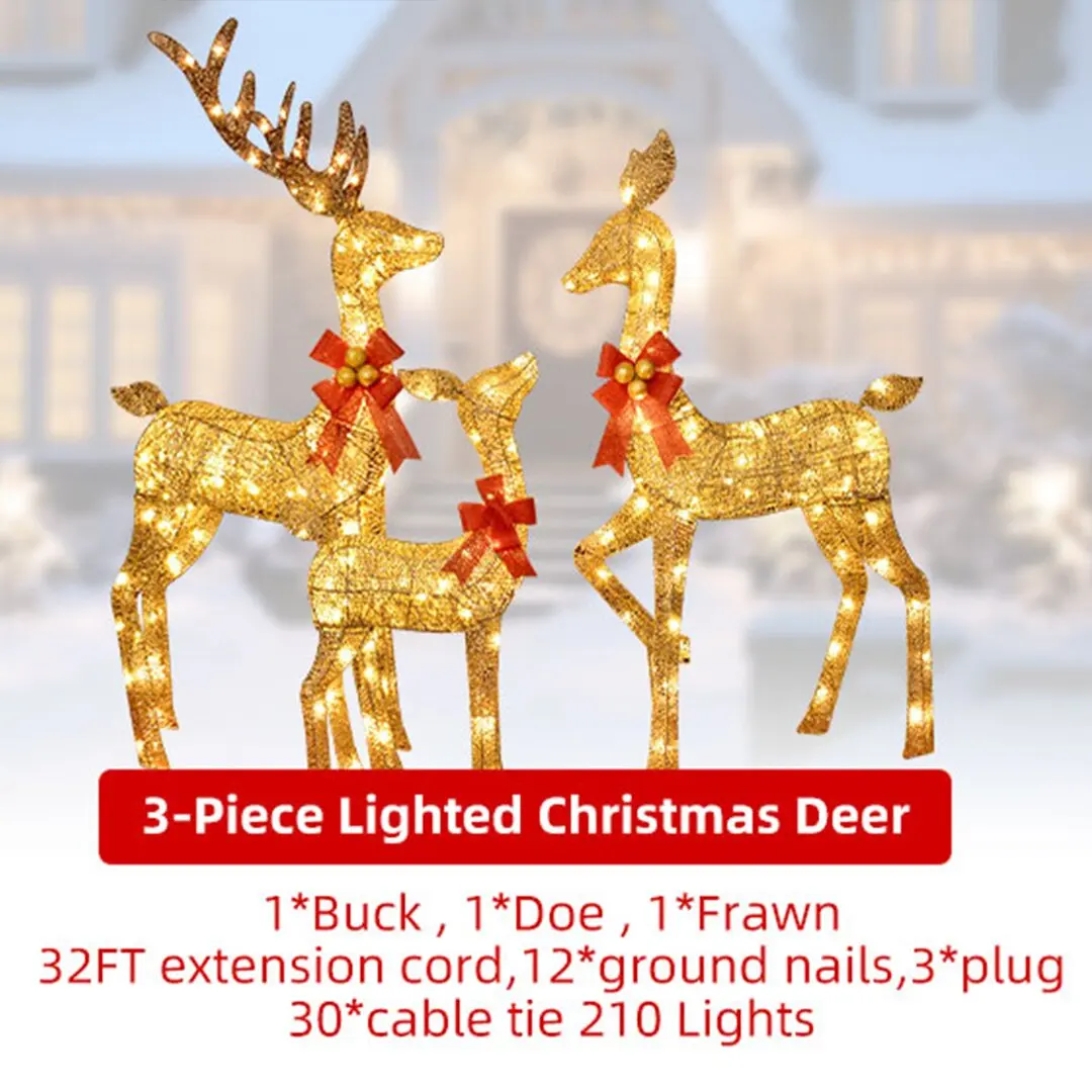 Kit de décoration de jardin extérieur avec 210 lumières LED, famille de rennes 3D, cerf lumineux, piquets, décorations de Noël en plein air, 3 ensembles