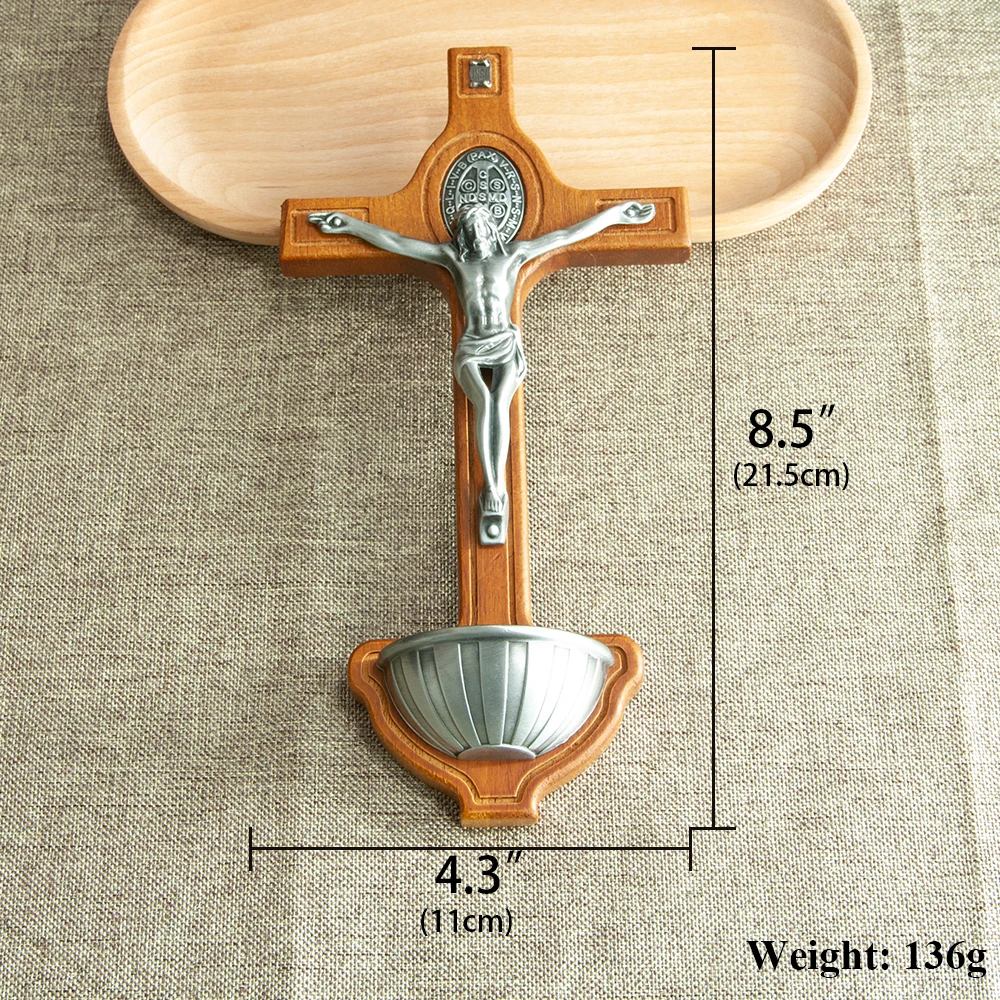 HT Wall Wooden Cross Catholic Cross Spiritual Religious Cross With Holy Water Cup Jesus Statue Church Home Decoration