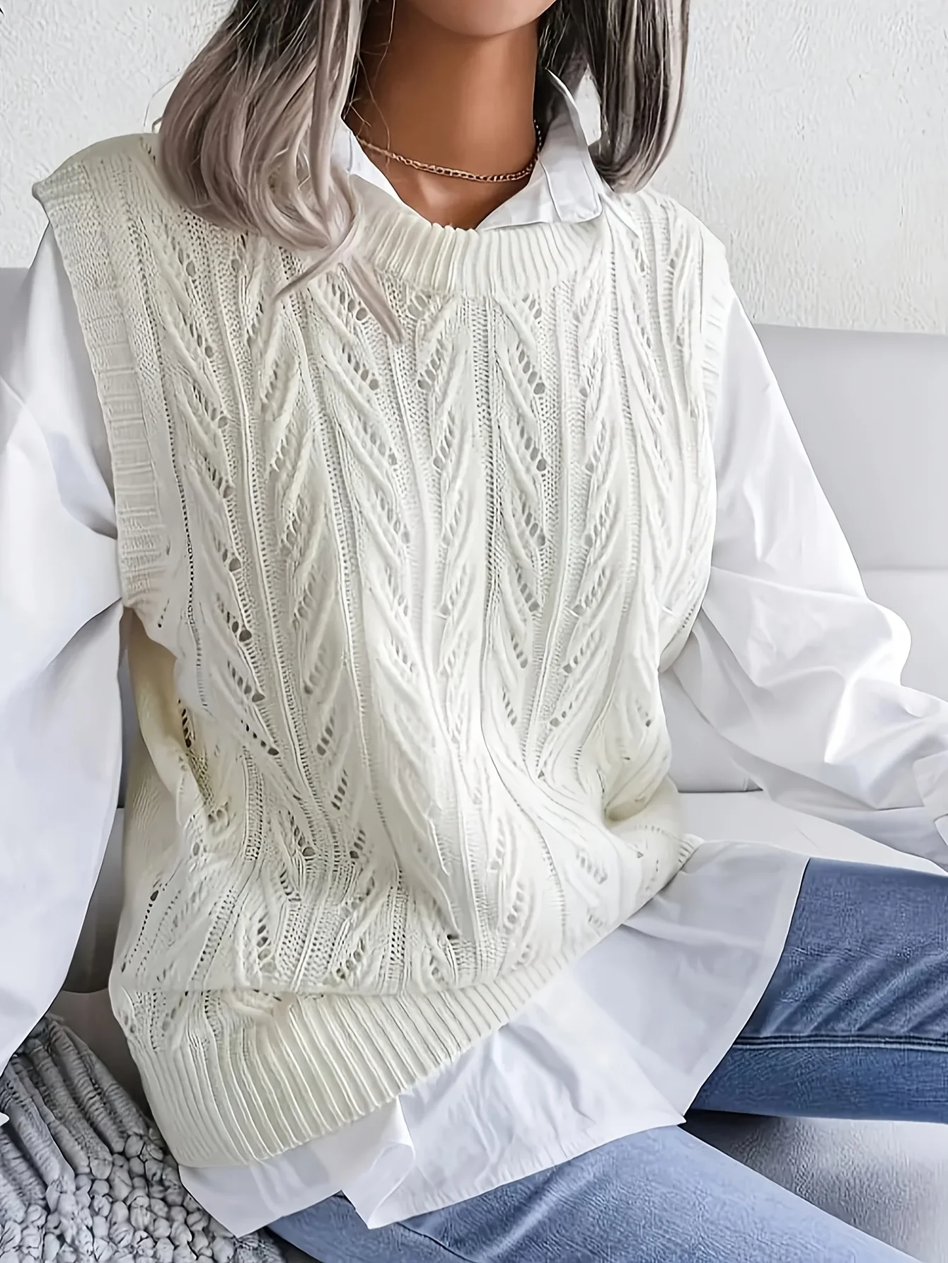 Women's White Cable Knit Vest, Crew Neck Hollow Out Sleeveless Loose Sweater