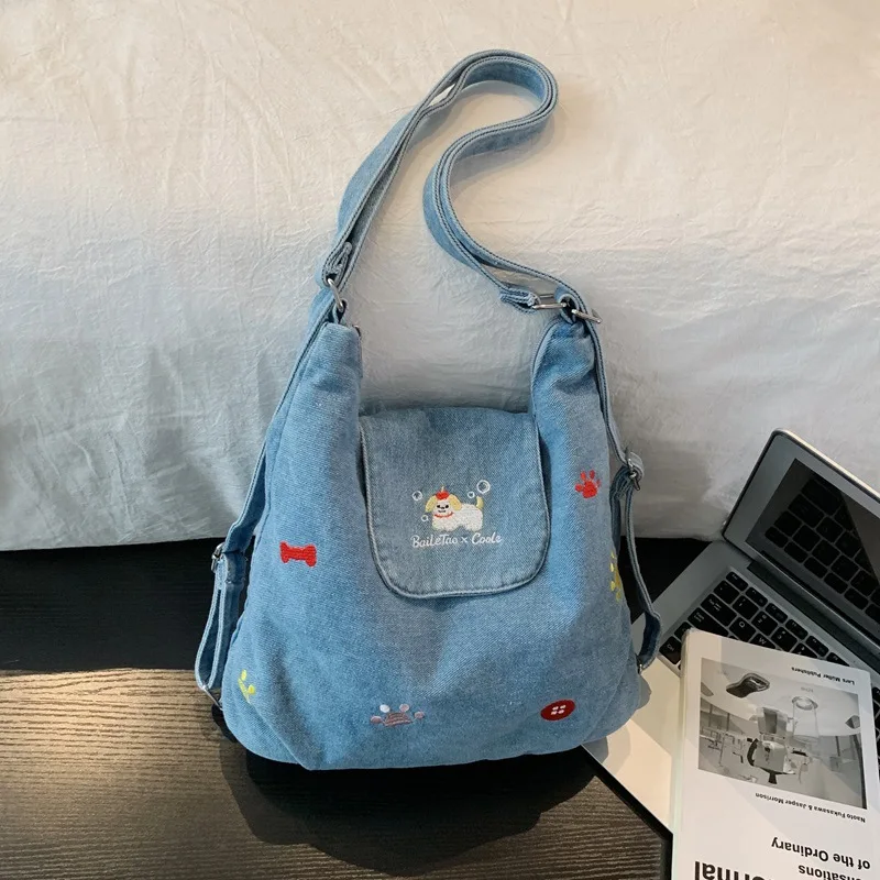 Korean Style Washed Denim Shoulder Crossbody Bag Cute Puppy Embroidery Woman Tote Bag Large Capacity Casual Commute Backpack