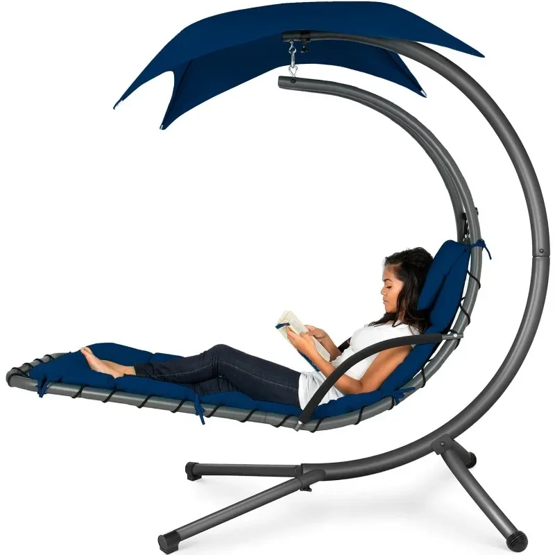 Best Choice Products Outdoor Hanging Curved Steel Chaise Lounge Chair Swing w/Built-in Pillow and Removable Canopy - Navy Blue